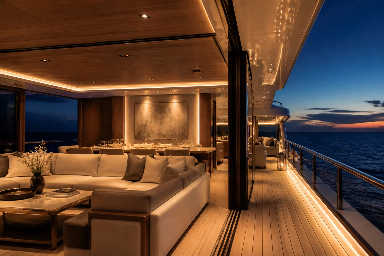 Luxury superyacht lounge with concealed warm lighting at twilight